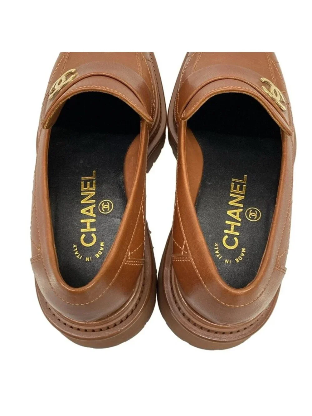Chanel Loafers 36 C Quilted Brown Gold CC Logo